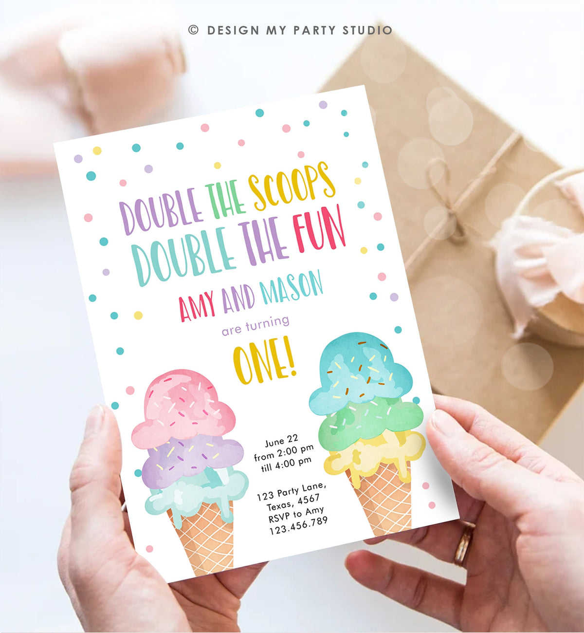 Editable Twin Ice Cream Birthday Invitation First Birthday Double the Scoops Double Fun Twins Purple Pink Blue Printable Template Corjl 0243