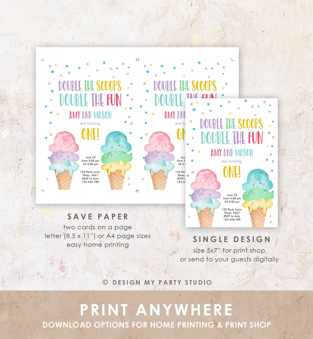 Editable Twin Ice Cream Birthday Invitation First Birthday Double the Scoops Double Fun Twins Purple Pink Blue Printable Template Corjl 0243