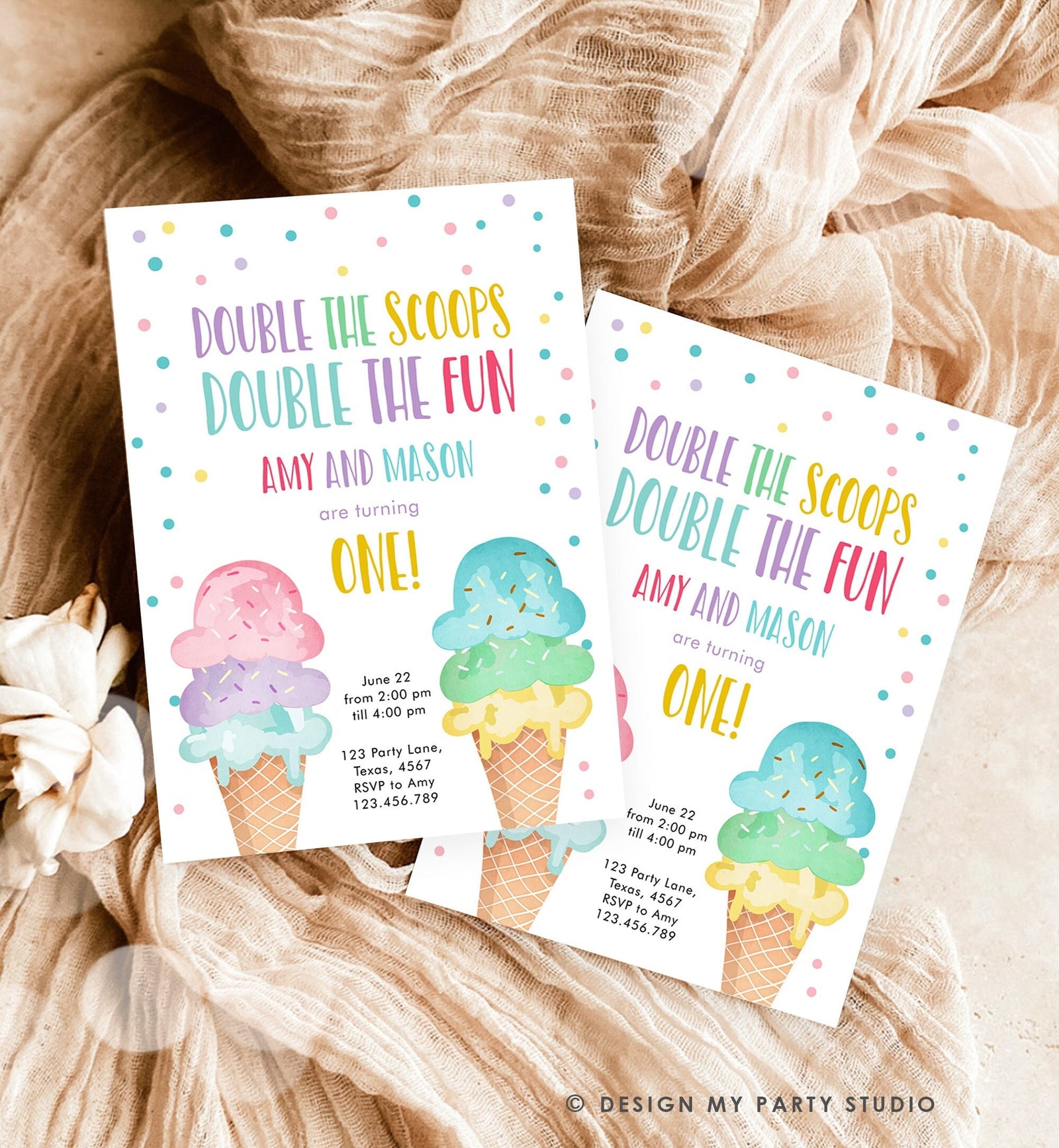 Editable Twin Ice Cream Birthday Invitation First Birthday Double the Scoops Double Fun Twins Purple Pink Blue Printable Template Corjl 0243