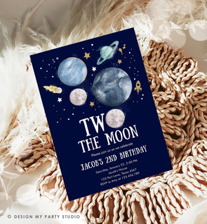 Editable Two the Moon 2nd Birthday Invitation Space Astronaut Planets Rocket Galaxy Digital Download Corjl Template Printable 0357