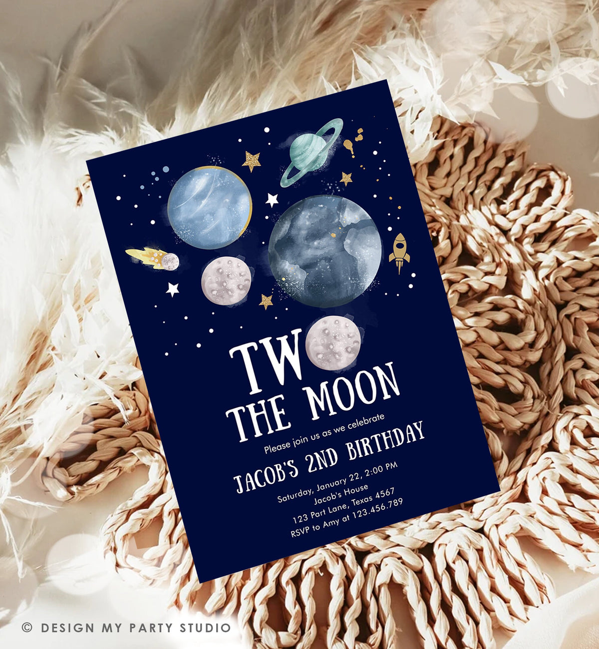 Editable Two the Moon 2nd Birthday Invitation Space Astronaut Planets Rocket Galaxy Digital Download Evite Template Printable 0357