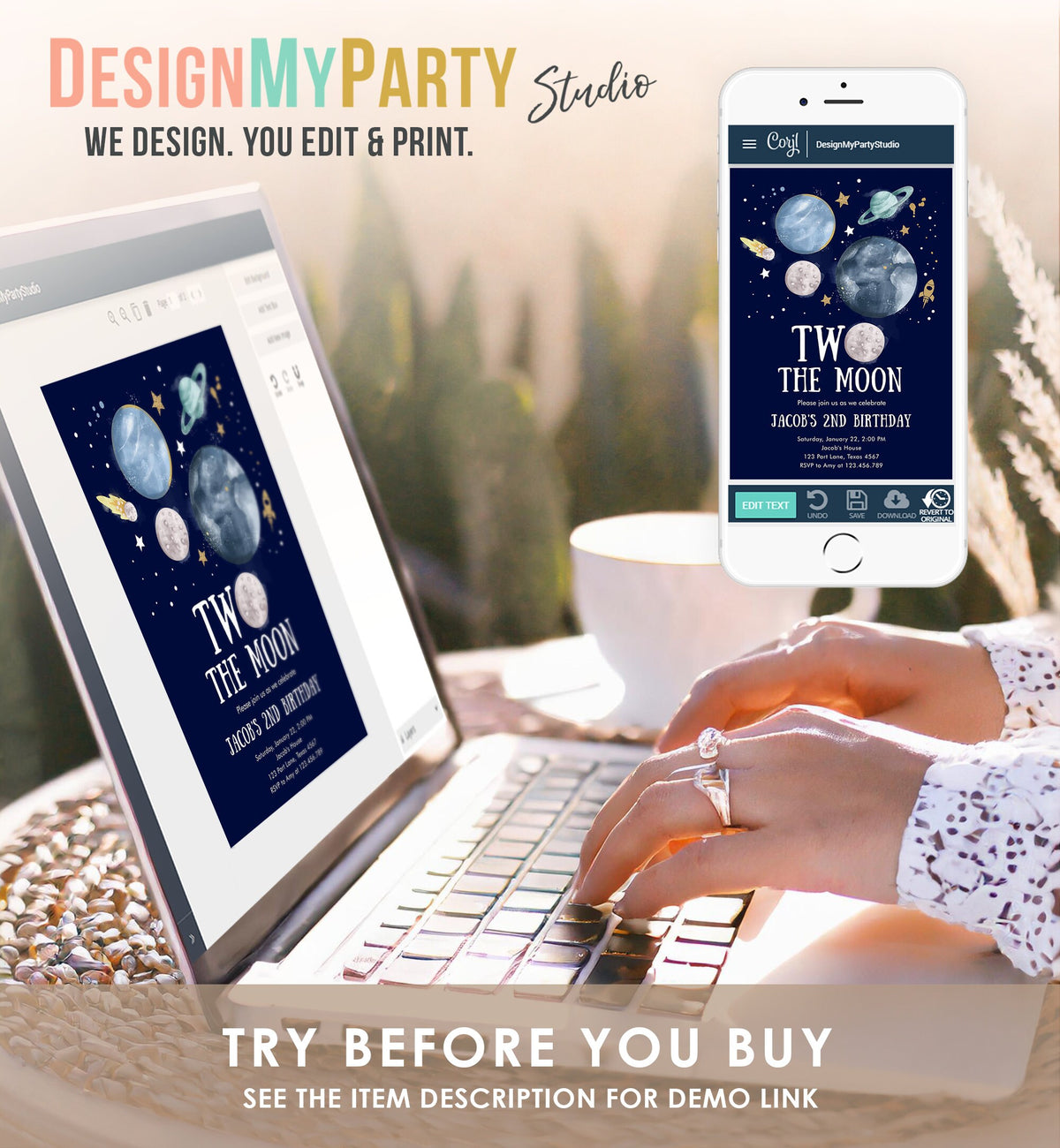 Editable Two the Moon 2nd Birthday Invitation Space Astronaut Planets Rocket Galaxy Digital Download Evite Template Printable 0357