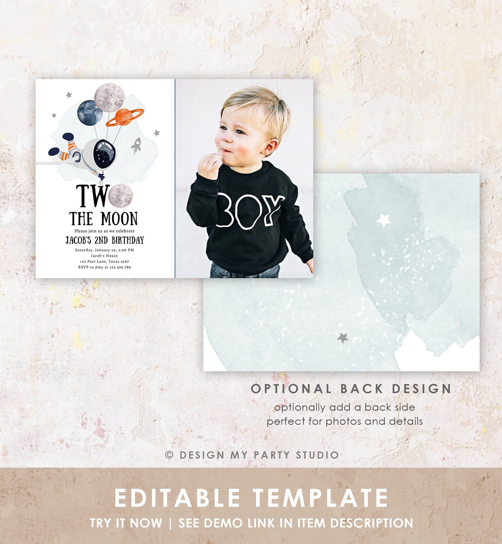 Editable Two the Moon Outer Space Birthday Invitation Out of this World Astronaut Blue Orange Boy Second 2nd Digital Template Printable 0366