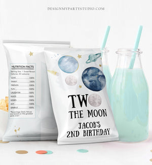 Editable Outer Space Chip Bag Two The Moon Watercolor Space 2nd Birthday Party Decor Boy Astronaut Galaxy Favor Digital Corjl Template 0357