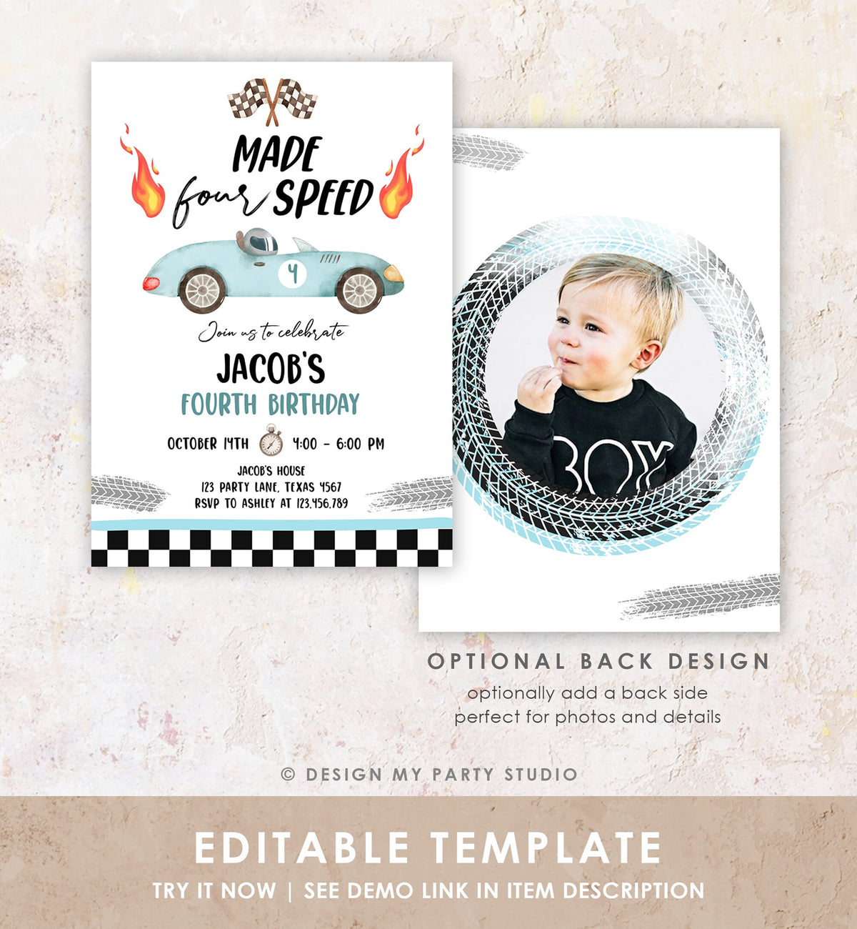 Editable Made Four Speed Race Car Fourth Birthday Invitation Boy Blue 4th Birthday Racing Party Made 4 Speed Digital Template Printable 0424