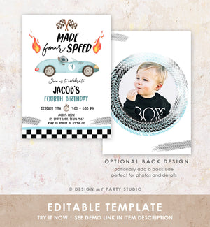 Editable Made Four Speed Race Car Fourth Birthday Invitation Boy Blue 4th Birthday Racing Party Made 4 Speed Corjl Template Printable 0424