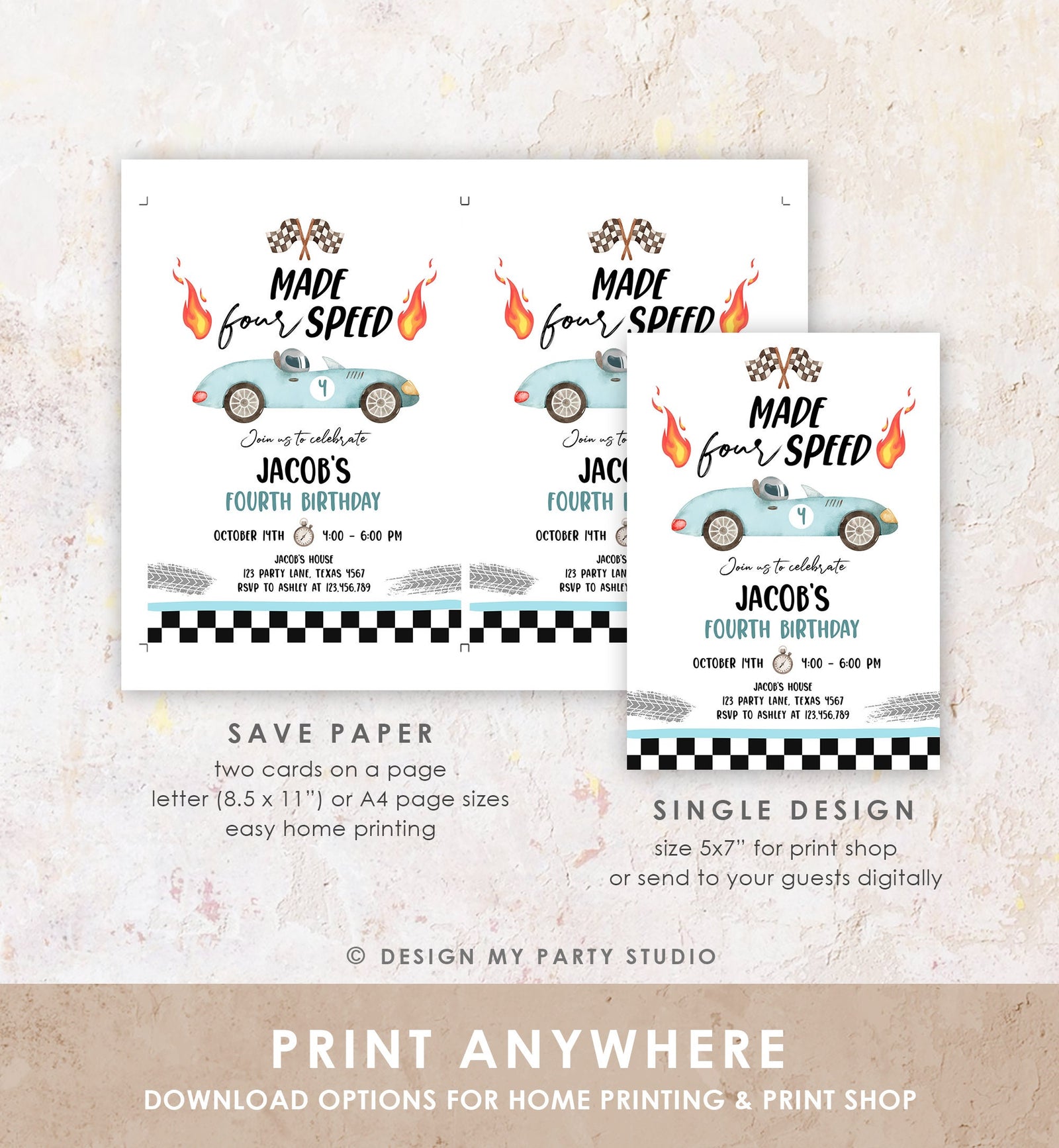 Editable Made Four Speed Race Car Fourth Birthday Invitation Boy Blue 4th Birthday Racing Party Made 4 Speed Digital Template Printable 0424