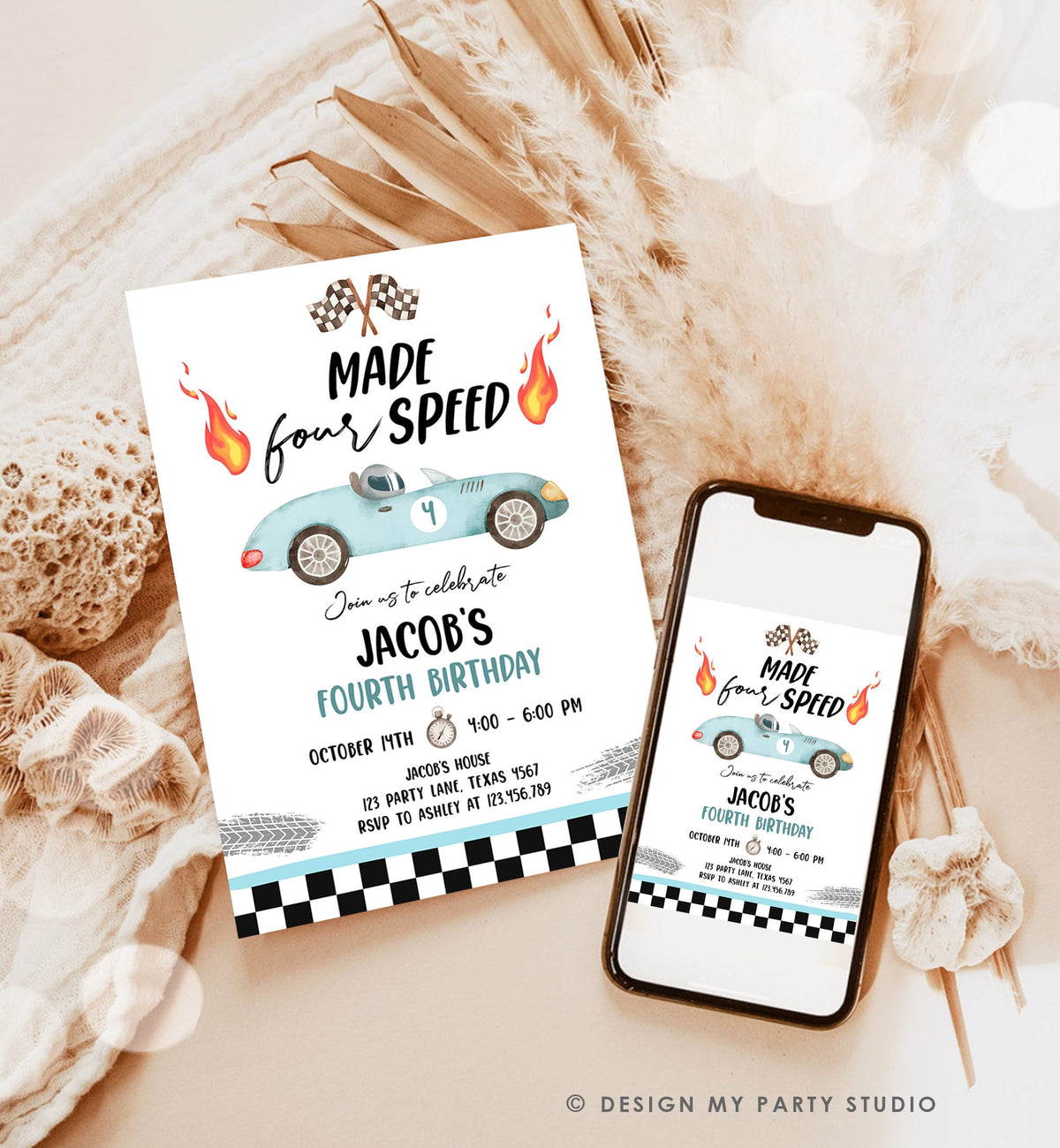 Editable Made Four Speed Race Car Fourth Birthday Invitation Boy Blue 4th Birthday Racing Party Made 4 Speed Digital Template Printable 0424