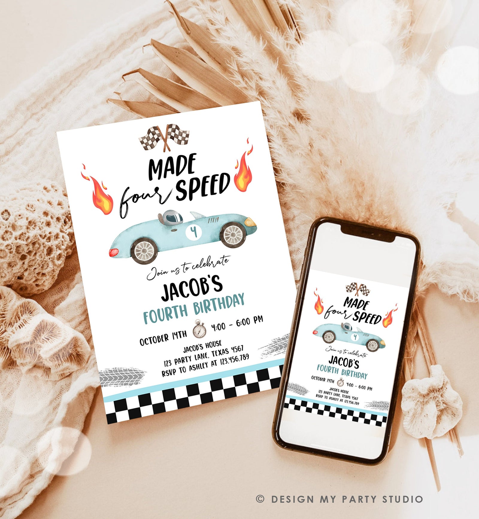 Editable Made Four Speed Race Car Fourth Birthday Invitation Boy Blue 4th Birthday Racing Party Made 4 Speed Digital Template Printable 0424