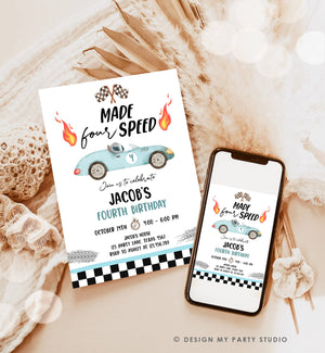 Editable Made Four Speed Race Car Fourth Birthday Invitation Boy Blue 4th Birthday Racing Party Made 4 Speed Corjl Template Printable 0424
