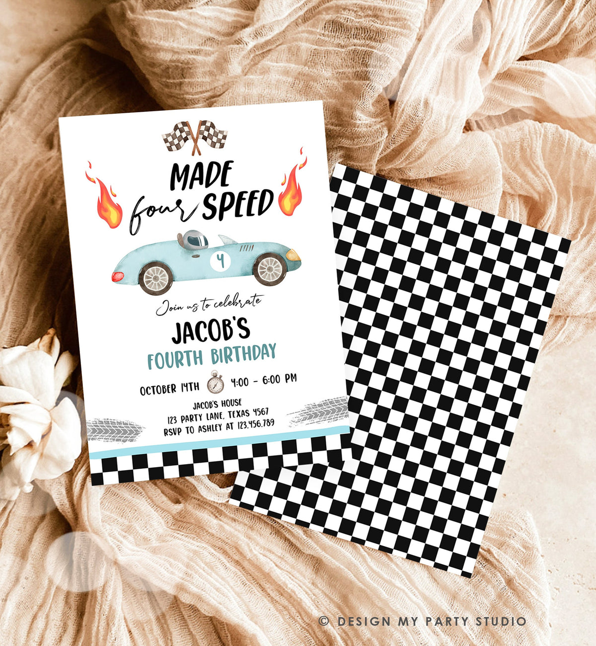 Editable Made Four Speed Race Car Fourth Birthday Invitation Boy Blue 4th Birthday Racing Party Made 4 Speed Digital Template Printable 0424