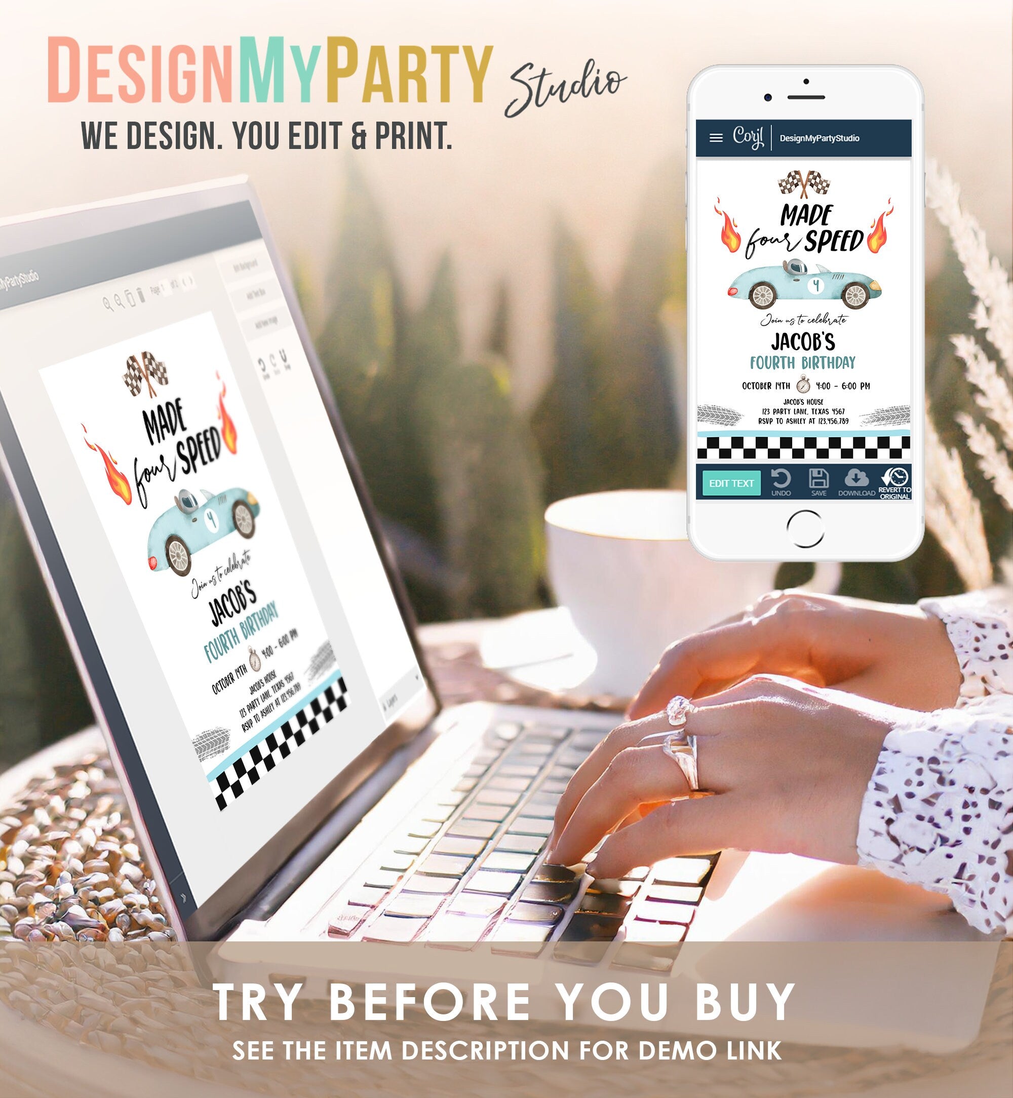 Editable Made Four Speed Race Car Fourth Birthday Invitation Boy Blue 4th Birthday Racing Party Made 4 Speed Digital Template Printable 0424