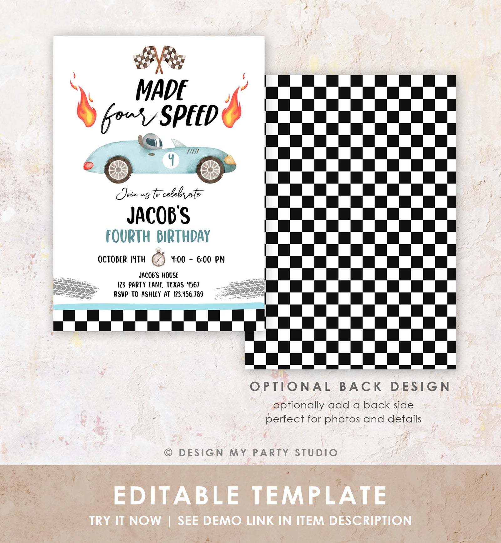 Editable Made Four Speed Race Car Fourth Birthday Invitation Boy Blue 4th Birthday Racing Party Made 4 Speed Digital Template Printable 0424