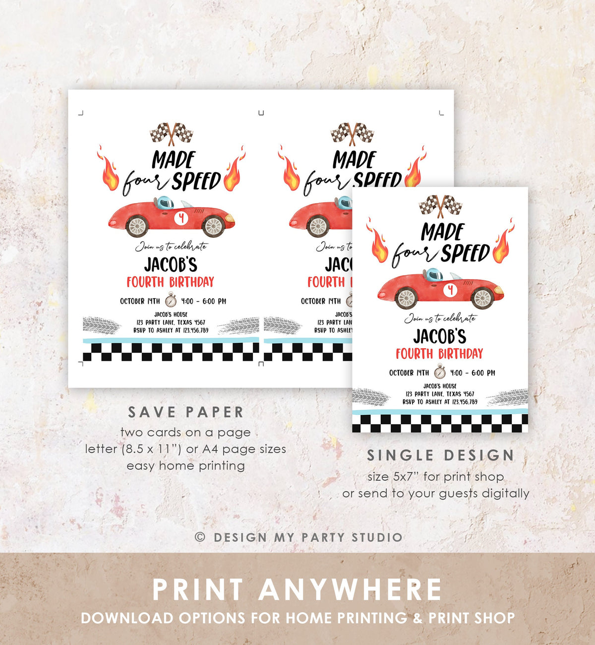 Editable Made Four Speed Race Car 4th Birthday Invitation Boy Red Fourth Birthday Racing Party Made 4 Speed Digital Template Printable 0424