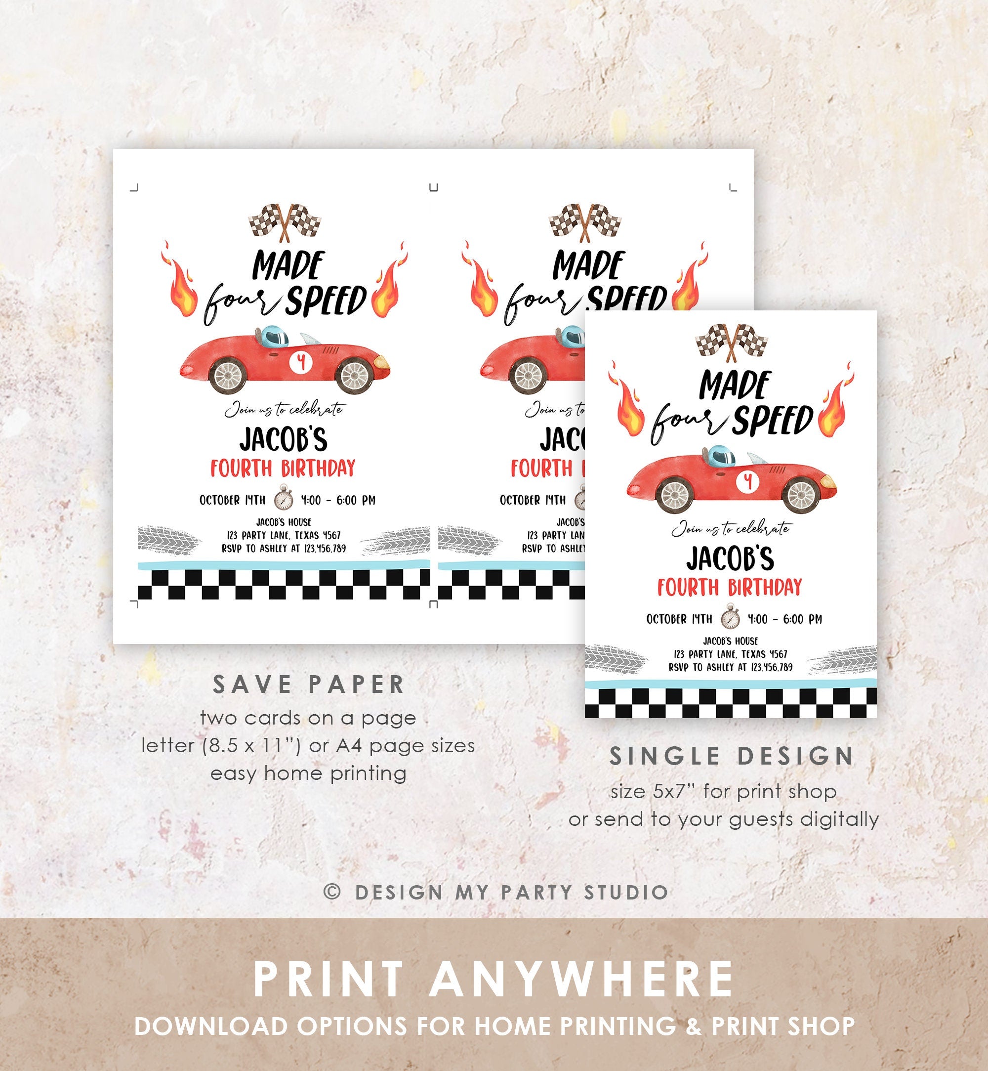 Editable Made Four Speed Race Car 4th Birthday Invitation Boy Red Fourth Birthday Racing Party Made 4 Speed Digital Template Printable 0424