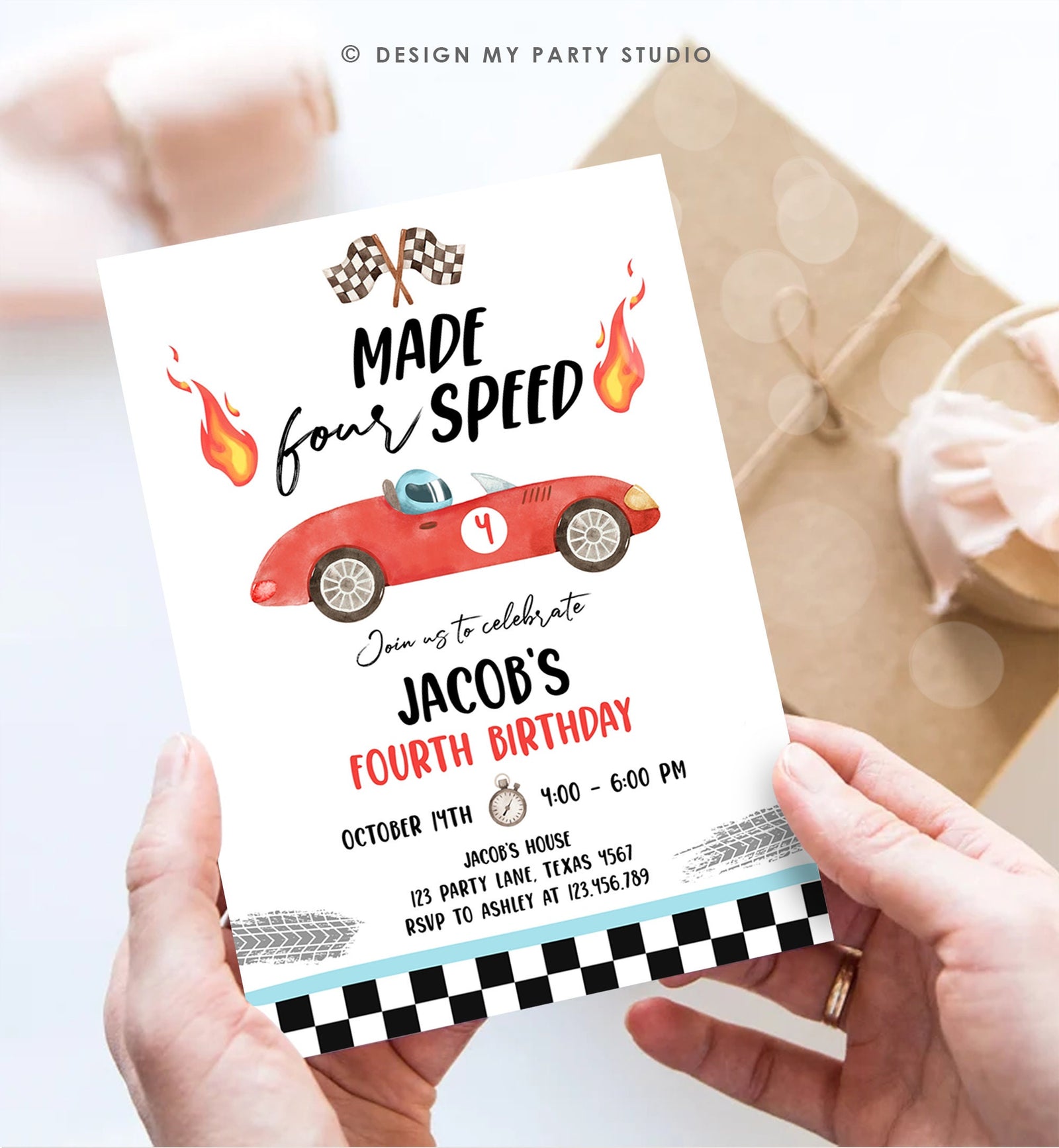 Editable Made Four Speed Race Car 4th Birthday Invitation Boy Red Fourth Birthday Racing Party Made 4 Speed Digital Template Printable 0424