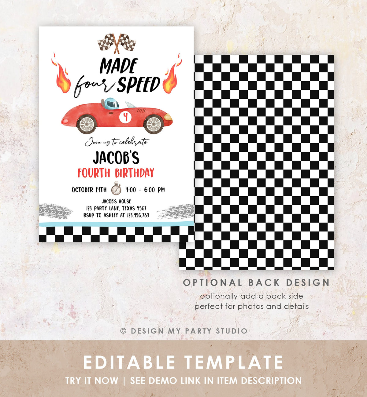 Editable Made Four Speed Race Car 4th Birthday Invitation Boy Red Fourth Birthday Racing Party Made 4 Speed Digital Template Printable 0424