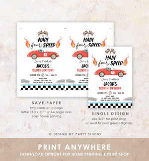 Editable Made Four Speed Race Car Fourth Birthday Invitation Boy Red 4th Birthday Racing Party Made 4 Speed Corjl Template Printable 0424