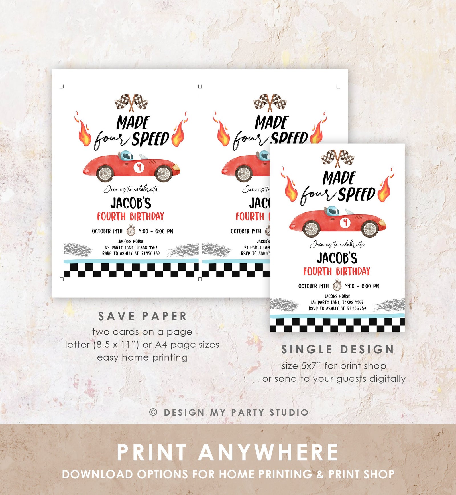 Editable Made Four Speed Race Car Fourth Birthday Invitation Boy Red 4th Birthday Racing Party Made 4 Speed Digital Template Printable 0424