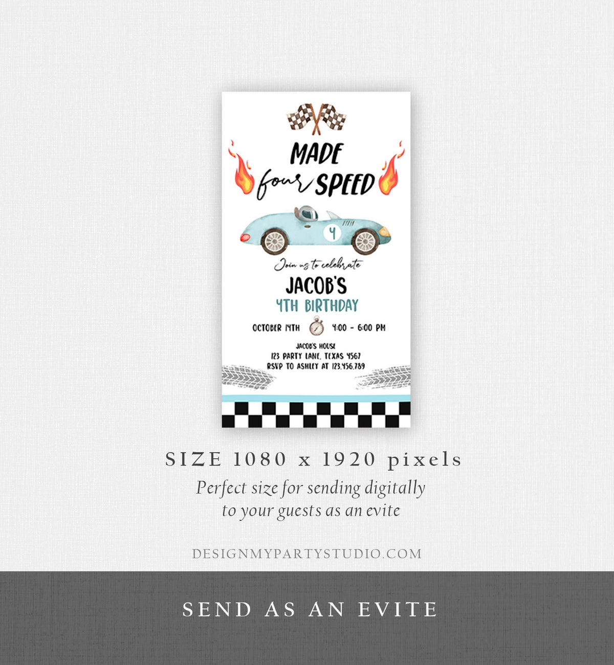 Editable Made Four Speed Race Car Fourth Birthday Invitation Boy Blue 4th Birthday Racing Evite Made 4 Speed Corjl Template Printable 0424