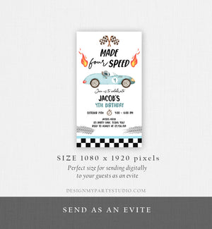 Editable Made Four Speed Race Car Fourth Birthday Invitation Boy Blue 4th Birthday Racing Evite Made 4 Speed Corjl Template Printable 0424