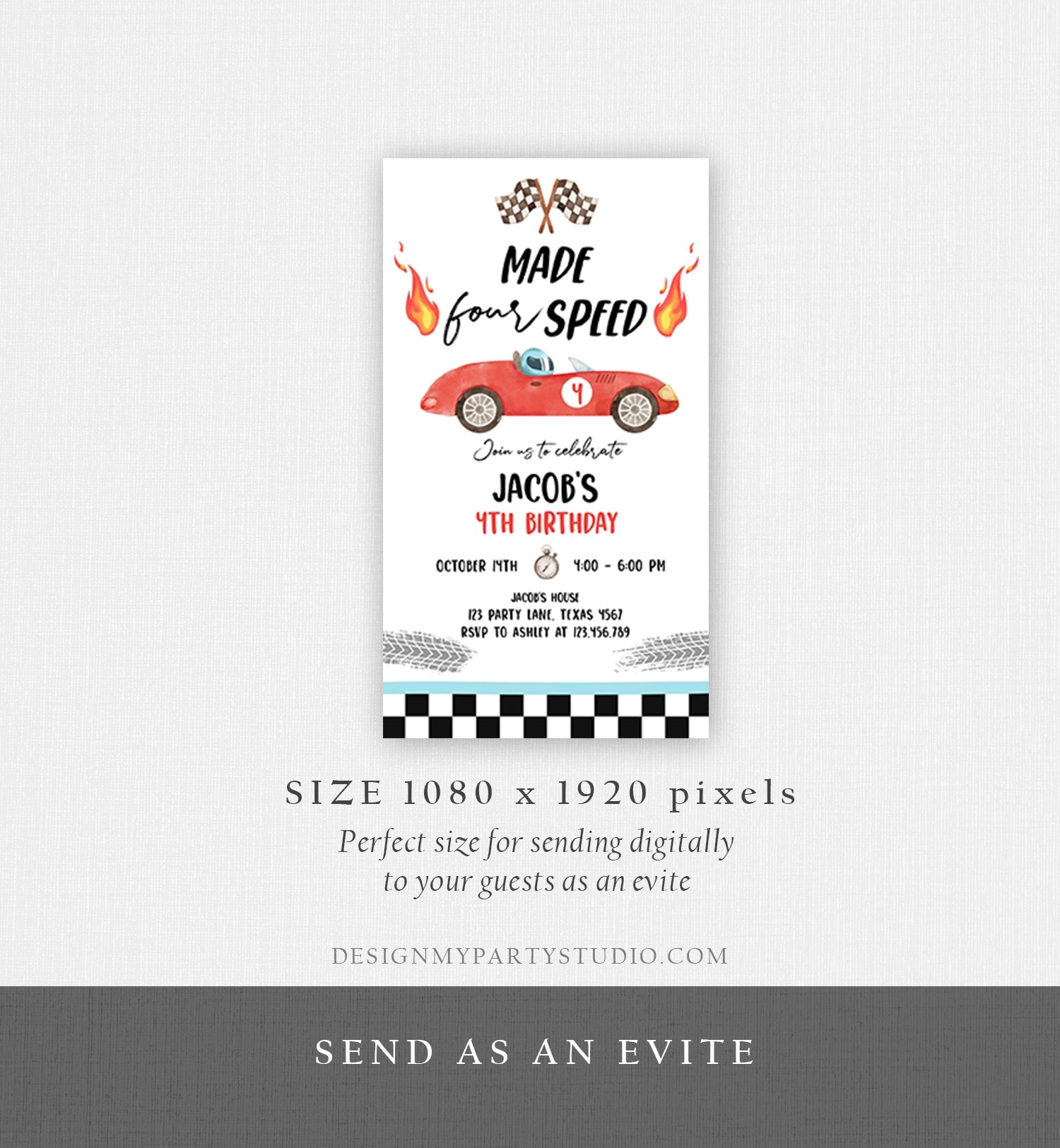 Editable Made Four Speed Race Car Fourth Birthday Invitation Boy Red 4th Birthday Racing Evite Made 4 Speed Digital Template Printable 0424