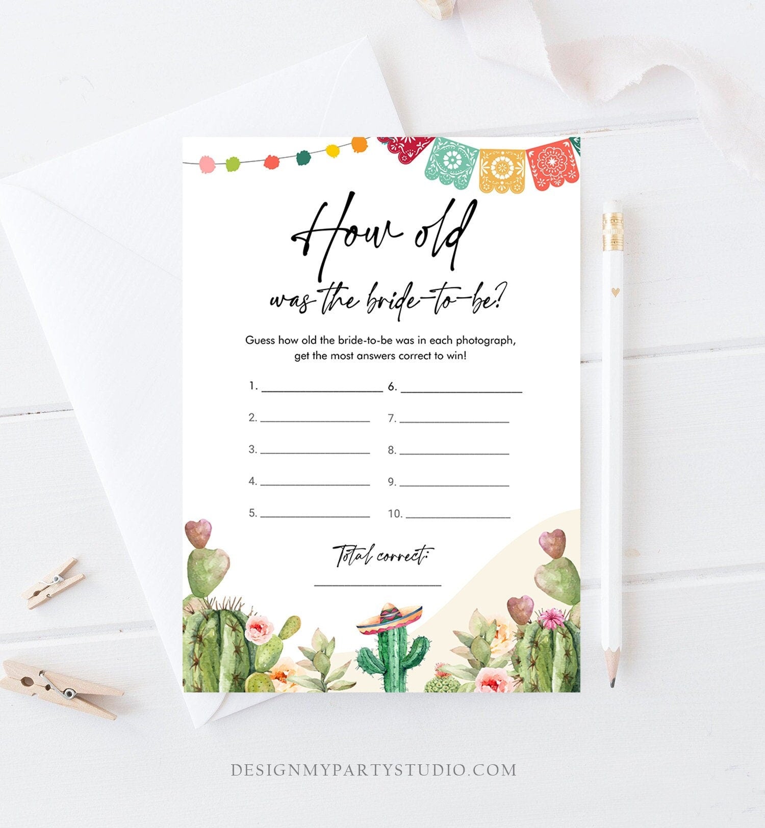 May include: A printable bridal shower game card with a cactus and floral theme. The card has a title that reads &#39;How old was the bride-to-be?&#39; with instructions to guess the bride-to-be&#39;s age in each photograph. The card has ten blank lines for answers and a line for the total number of correct answers.