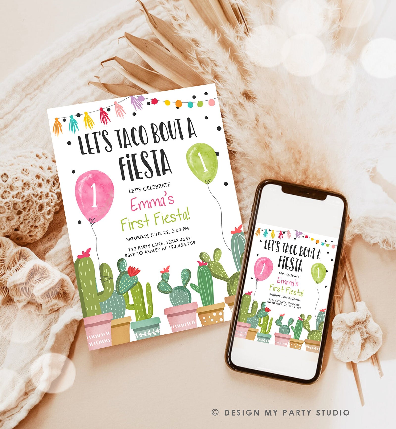 Editable Taco Bout a Fiesta Birthday Invitation ANY AGE Cactus Succulent 1st First Birthday Party Girl Pink Digital Template Printable 0254