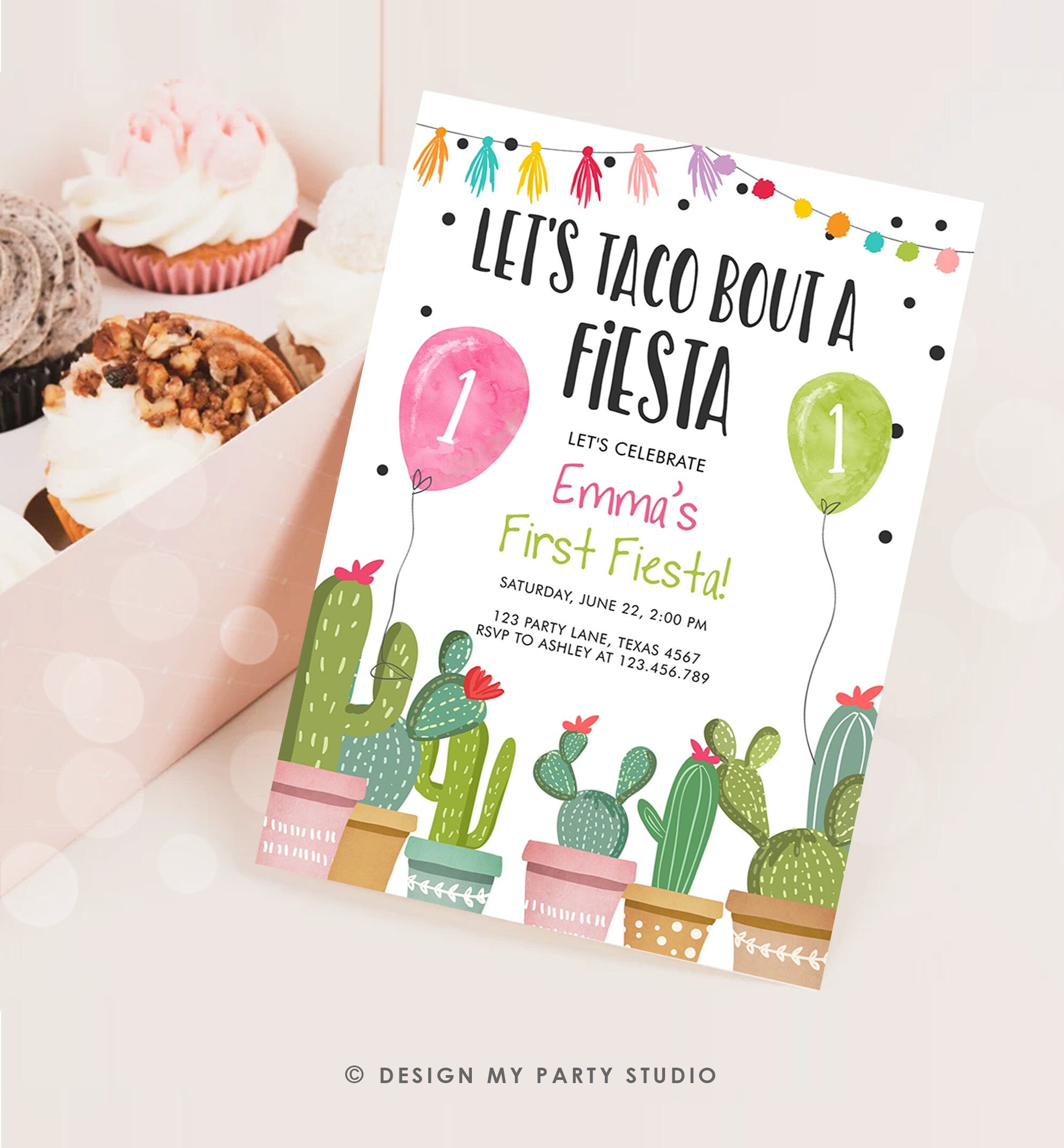 Editable Taco Bout a Fiesta Birthday Invitation ANY AGE Cactus Succulent 1st First Birthday Party Mexican Girl Pink Corjl Template 0254