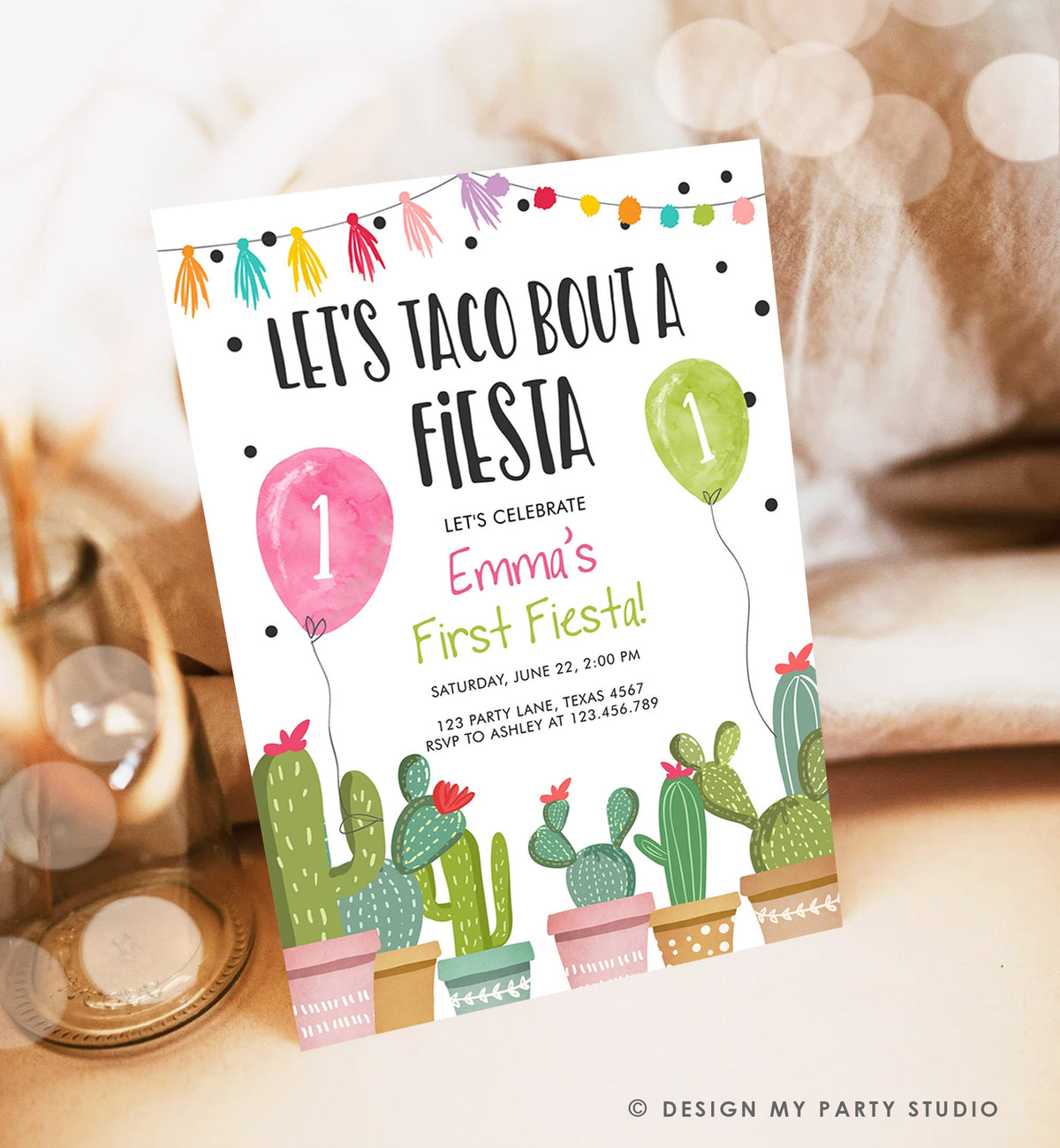 Editable Taco Bout a Fiesta Birthday Invitation ANY AGE Cactus Succulent 1st First Birthday Party Girl Pink Digital Template Printable 0254