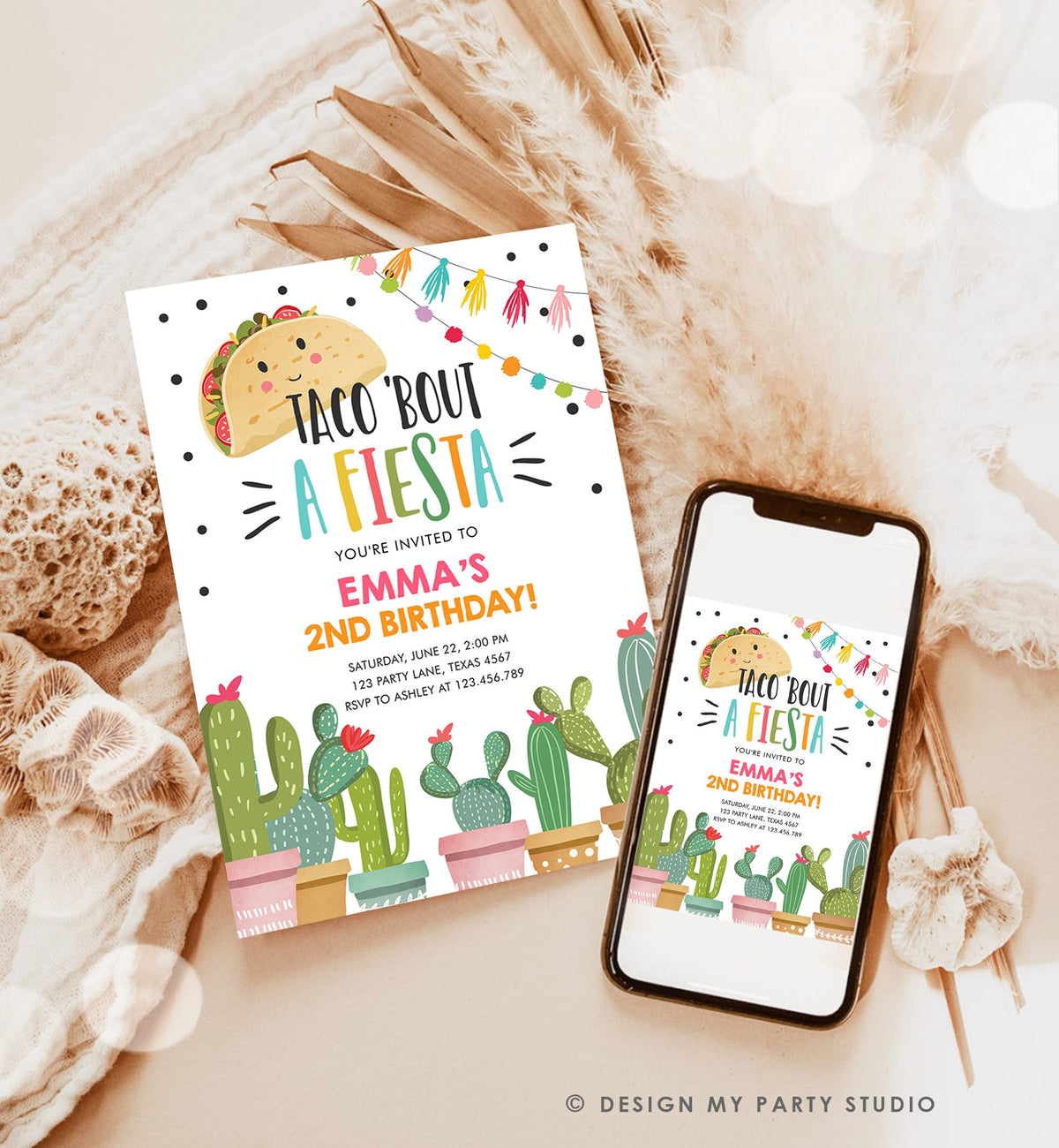 Editable Taco Bout a Fiesta Birthday Invitation Girl Pink Cactus Party Mexican Cinco de Mayo Digital Download Template Printable 0254