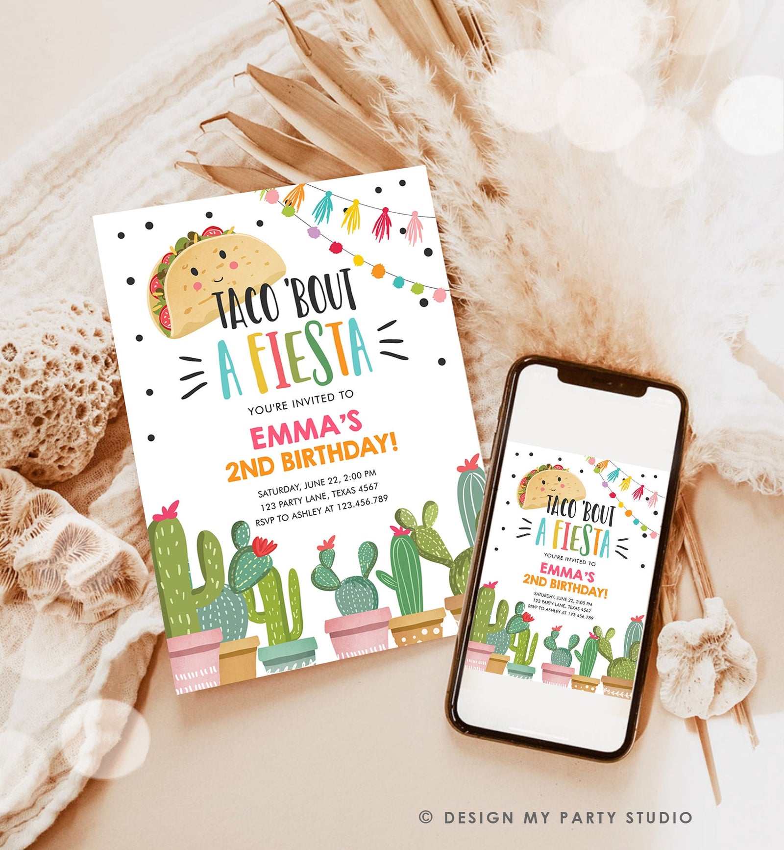 Editable Taco Bout a Fiesta Birthday Invitation Girl Pink Cactus Party Mexican Cinco de Mayo Digital Download Template Printable 0254