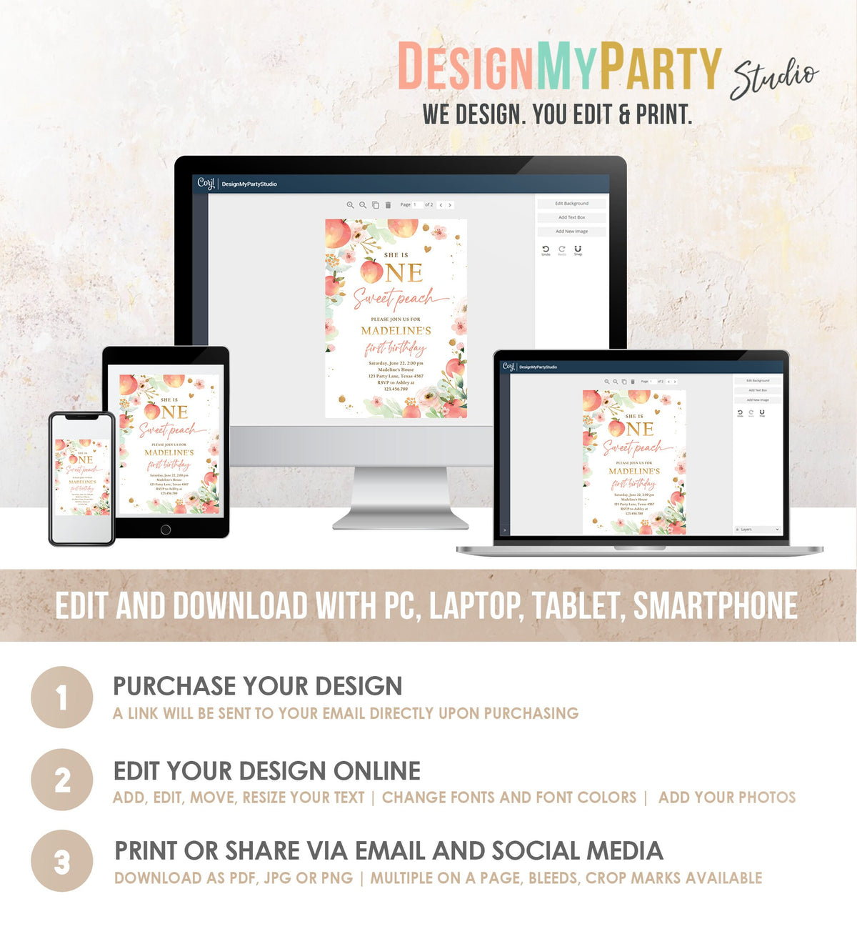 Editable One Sweet Peach First Birthday Invitation 1st Birthday Sweet Peach Girl Boho Peaches Digital Download Evite Template Printable 0401