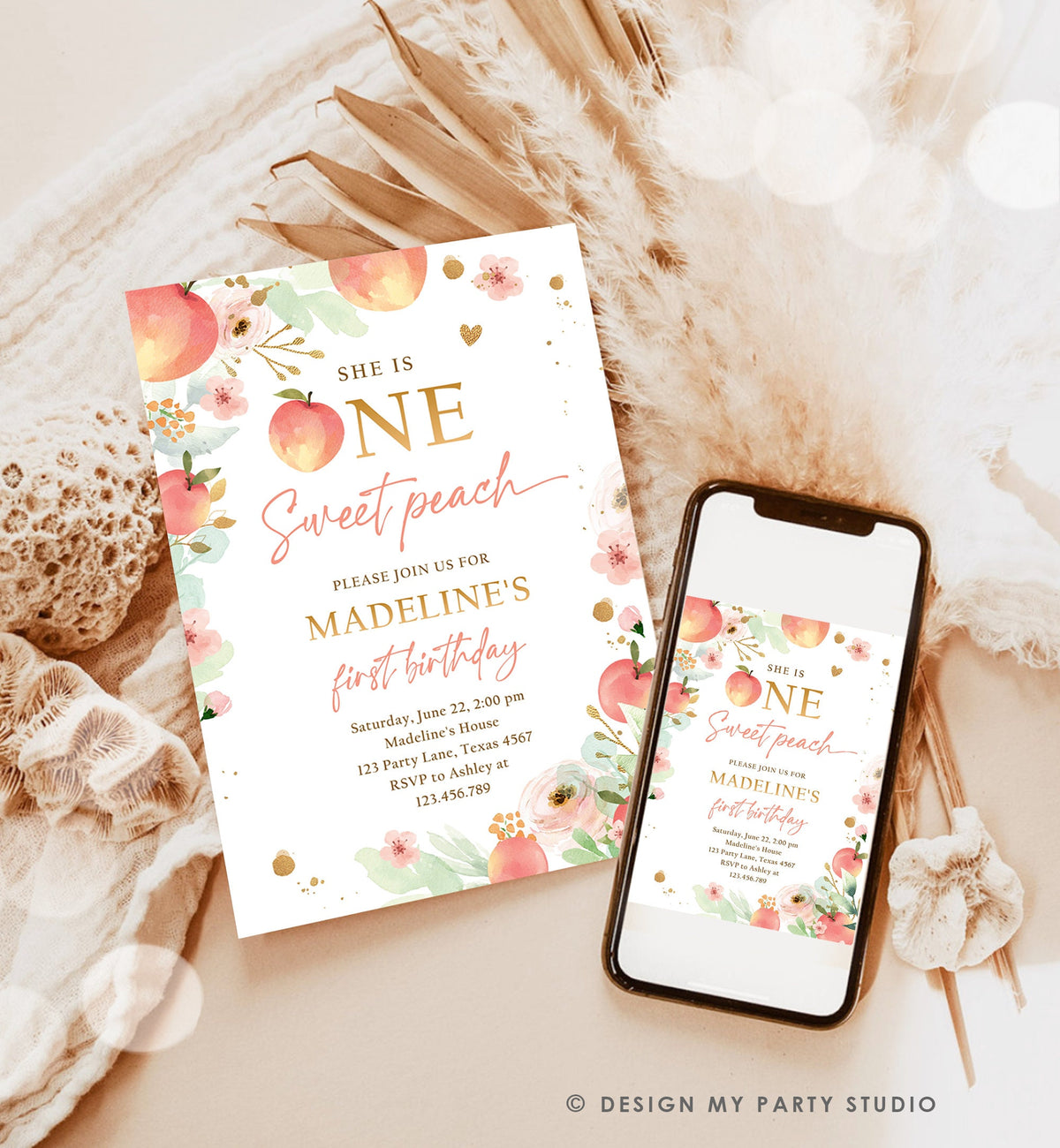 Editable One Sweet Peach First Birthday Invitation 1st Birthday Sweet Peach Girl Boho Peaches Digital Download Evite Template Printable 0401