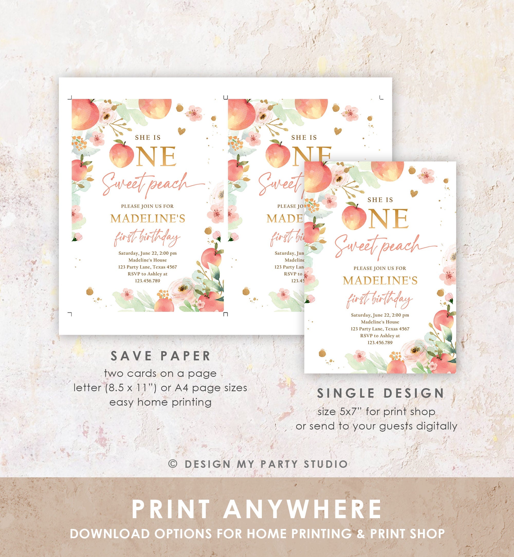 Editable One Sweet Peach First Birthday Invitation 1st Birthday Sweet Peach Girl Boho Peaches Digital Download Evite Template Printable 0401