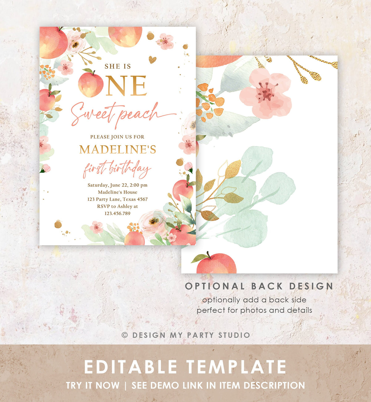 Editable One Sweet Peach First Birthday Invitation 1st Birthday Sweet Peach Girl Boho Peaches Digital Download Evite Template Printable 0401