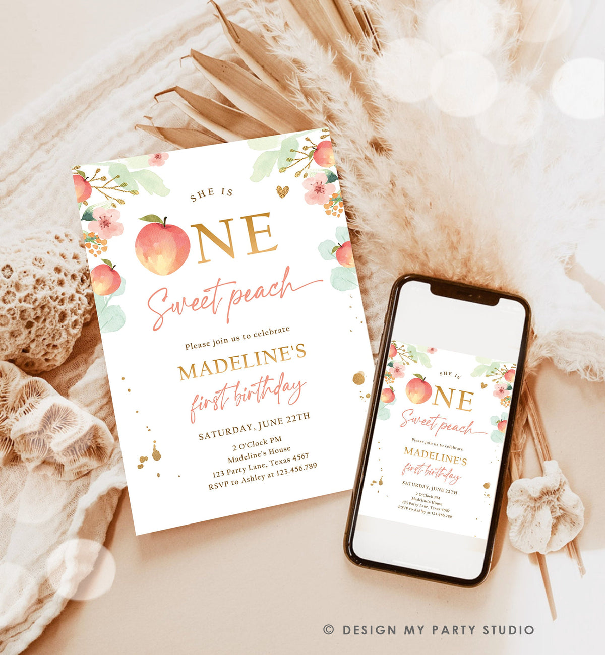 Editable One Sweet Peach First Birthday Invitation 1st Birthday Sweet Peach Girl Boho Peaches Digital Download Evite Template Printable 0401