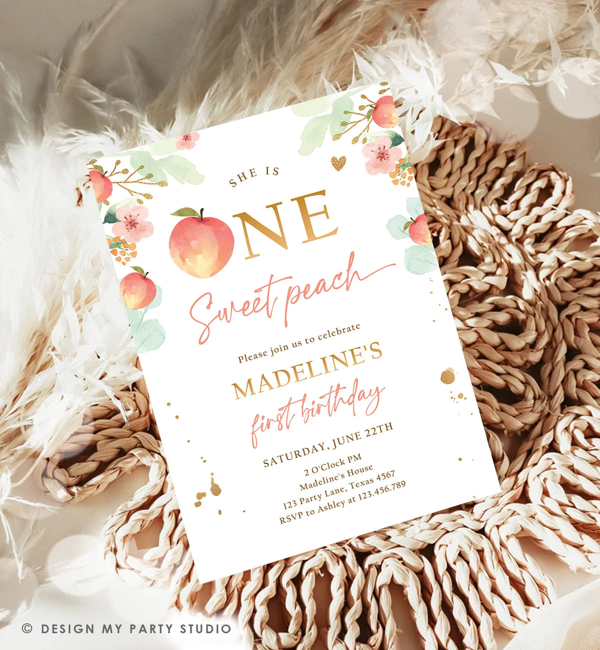 Editable One Sweet Peach First Birthday Invitation 1st Birthday Sweet Peach Girl Boho Peaches Digital Download Evite Template Printable 0401