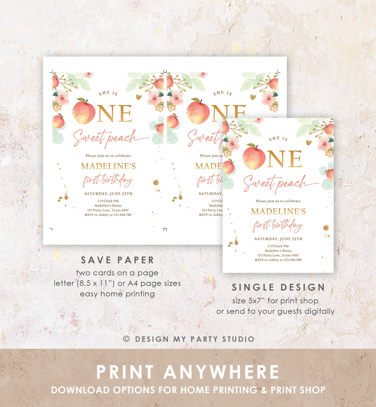 Editable One Sweet Peach First Birthday Invitation 1st Birthday Sweet Peach Girl Boho Peaches Digital Download Evite Template Printable 0401