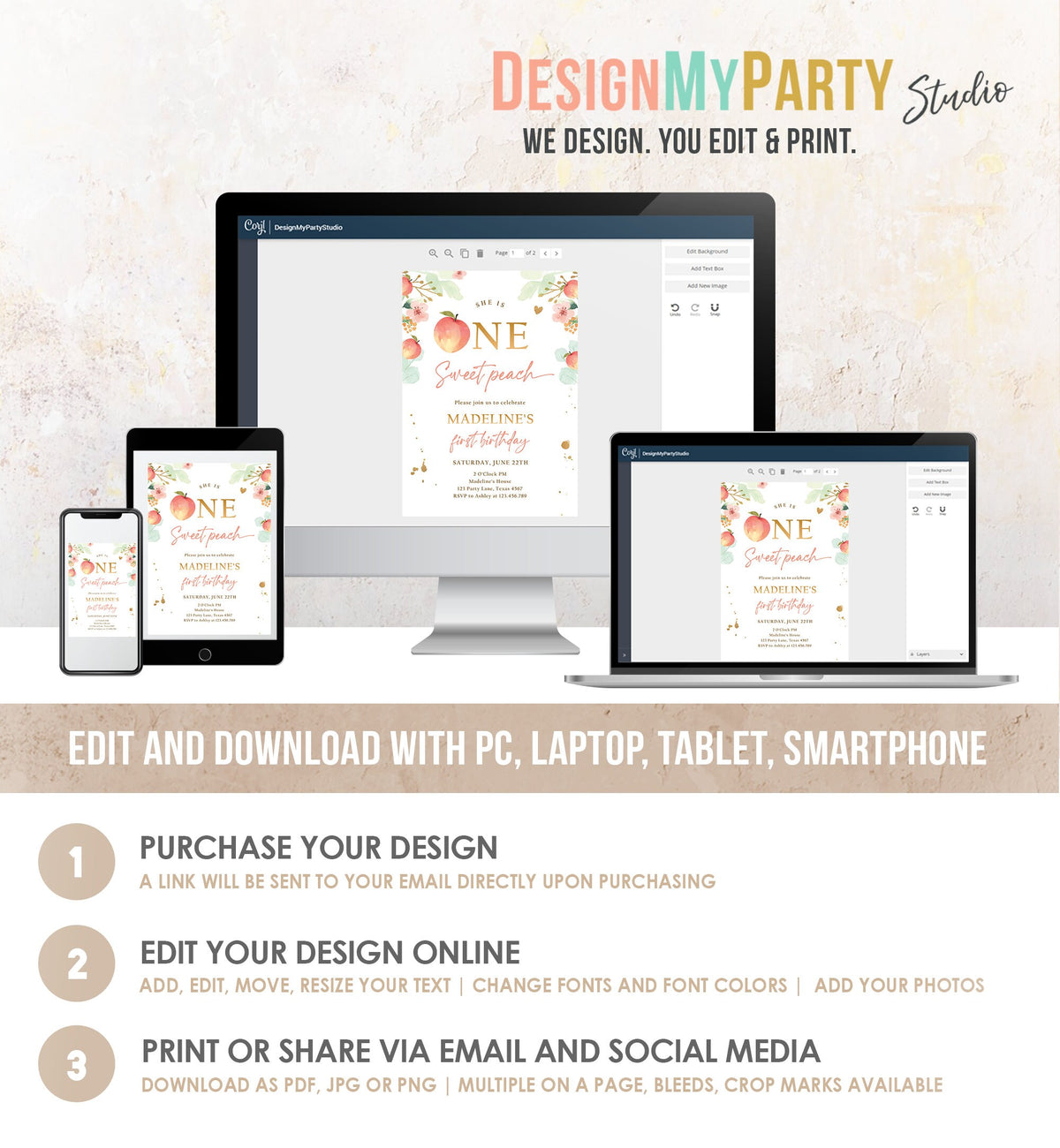 Editable One Sweet Peach First Birthday Invitation 1st Birthday Sweet Peach Girl Boho Peaches Digital Download Evite Template Printable 0401