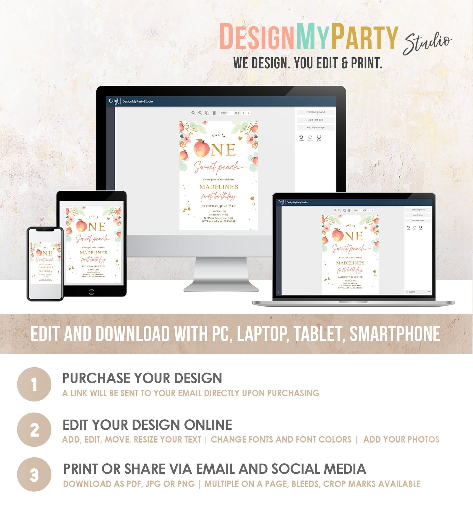 Editable One Sweet Peach First Birthday Invitation 1st Birthday Sweet Peach Girl Boho Peaches Digital Download Evite Template Printable 0401