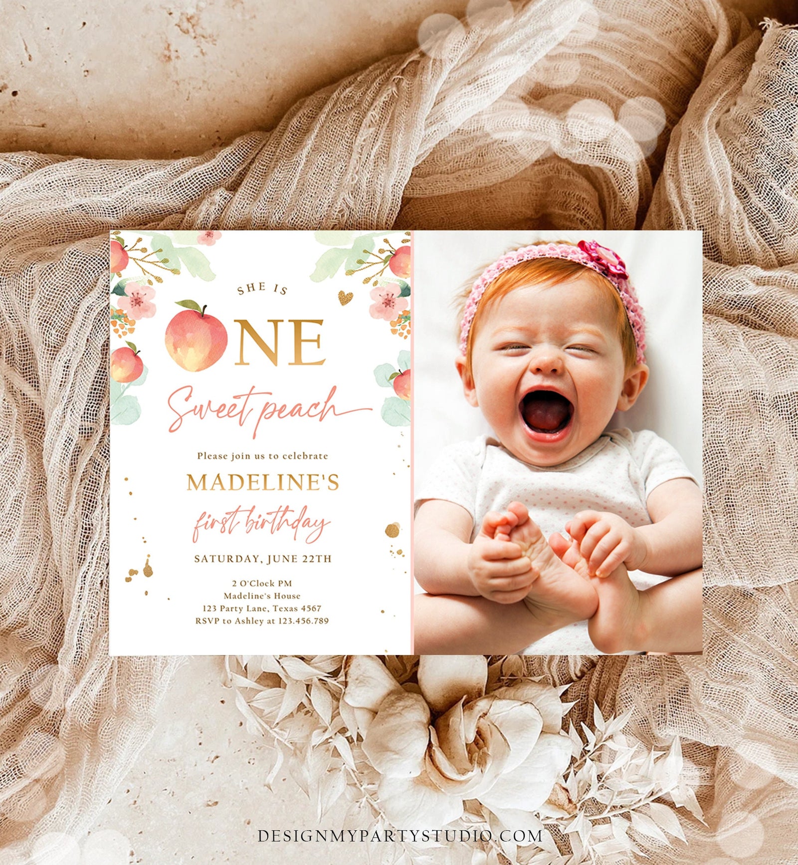 Editable One Sweet Peach First Birthday Invitation 1st Birthday Sweet Peach Girl Boho Peaches Digital Download Evite Template Printable 0401