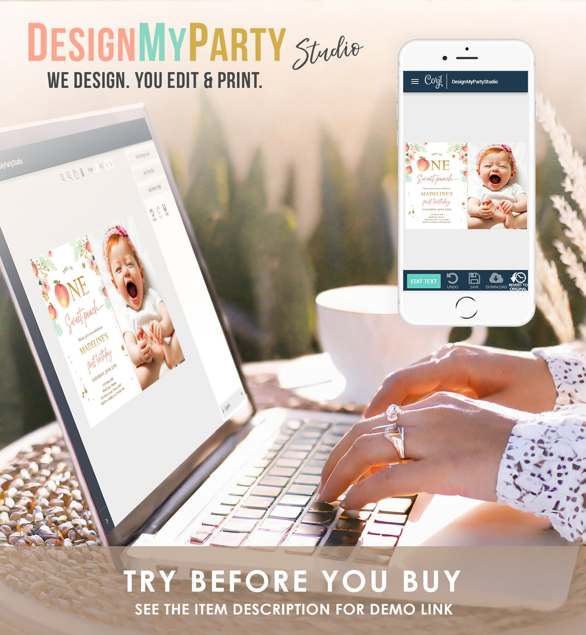 Editable One Sweet Peach First Birthday Invitation 1st Birthday Sweet Peach Girl Boho Peaches Digital Download Evite Template Printable 0401