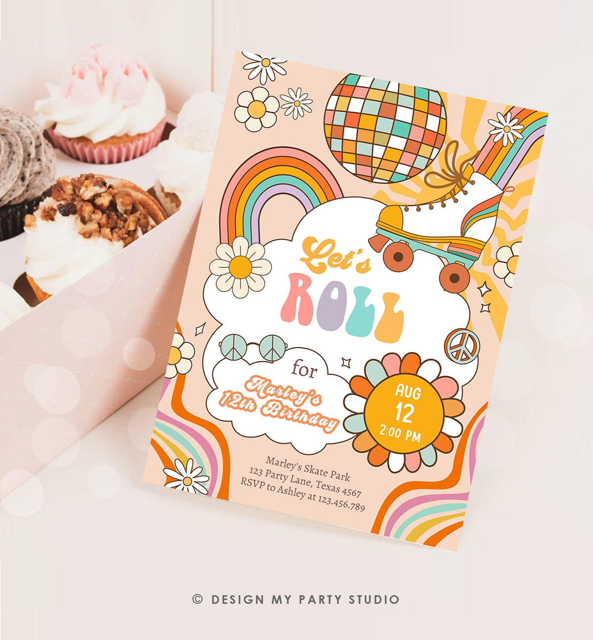 Editable Retro Roller Skate Birthday Party Invitation Let&#39;s Roll Skating Kids Rainbow 70&#39;s Skate Invite Download Template Corjl Digital 0459