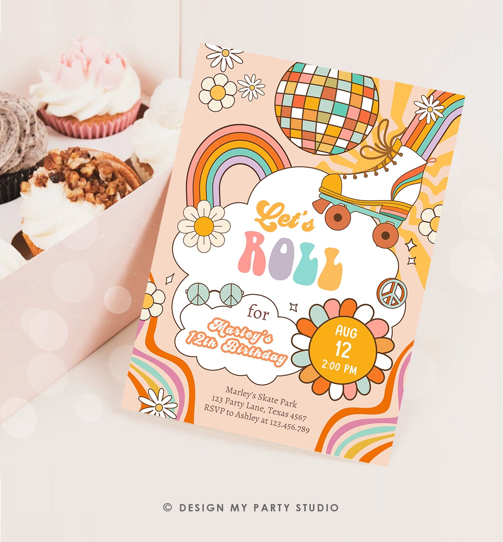 Editable Retro Roller Skate Birthday Party Invitation Let's Roll Skating Kids Rainbow 70's Skate Invite Download Template Corjl Digital 0459