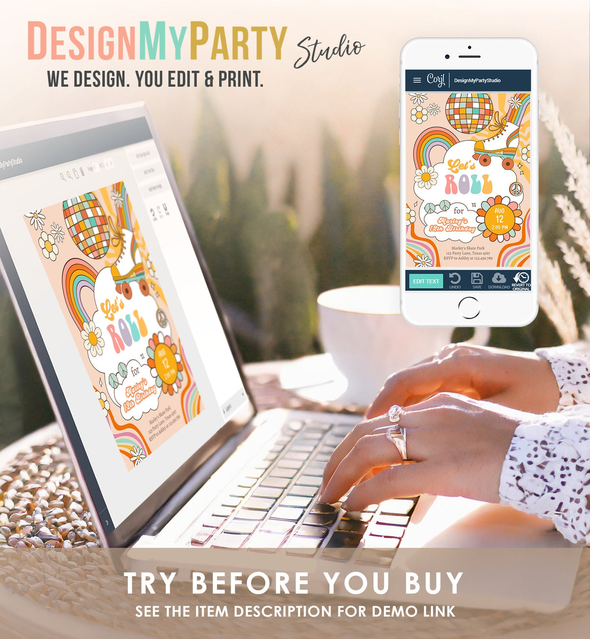 Editable Retro Roller Skate Birthday Party Invitation Let&#39;s Roll Skating Kids Rainbow 70&#39;s Skate Invite Download Template Corjl Digital 0459