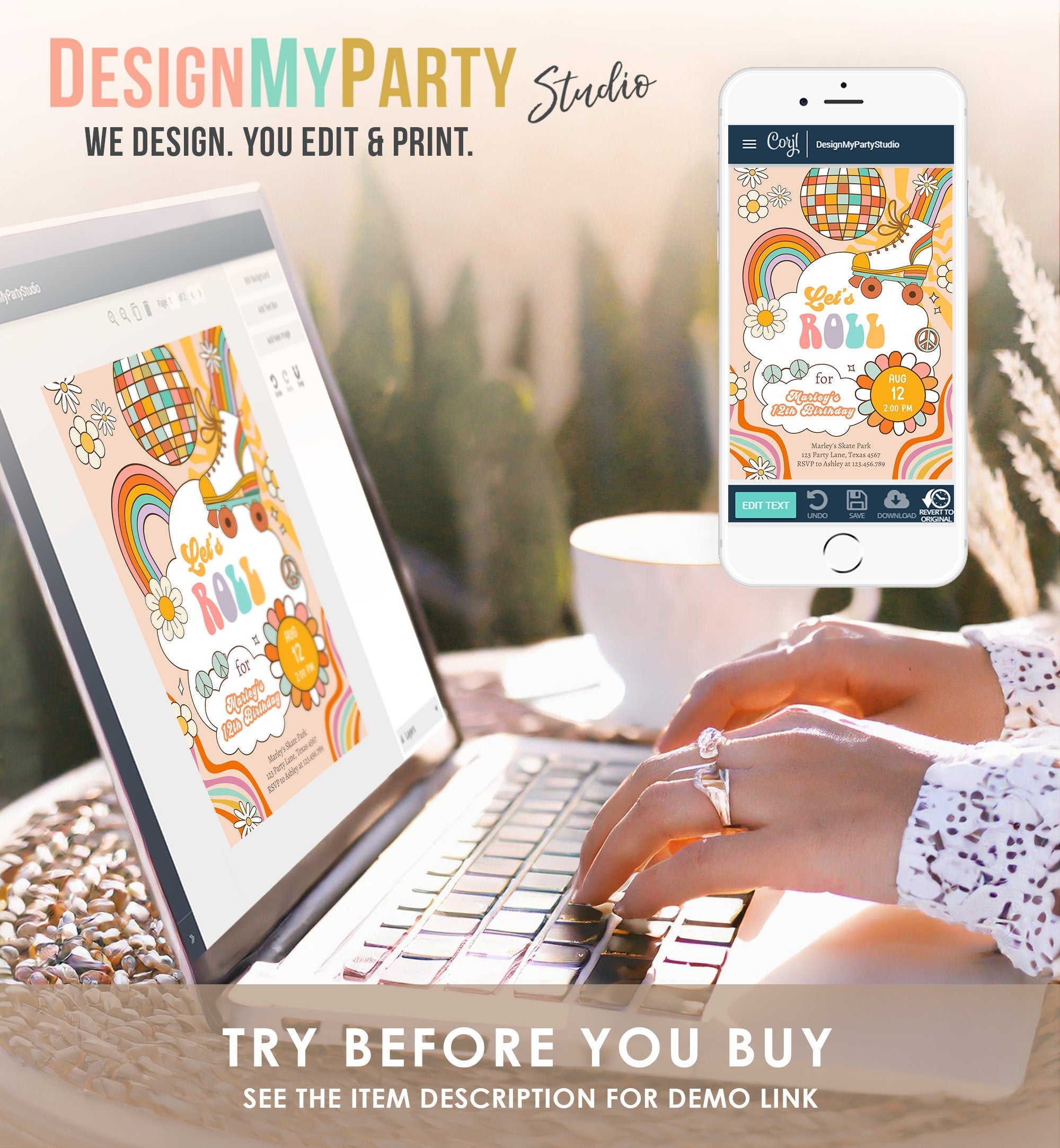 Editable Retro Roller Skate Birthday Party Invitation Let's Roll Skating Kids Rainbow 70's Skate Invite Download Template Corjl Digital 0459