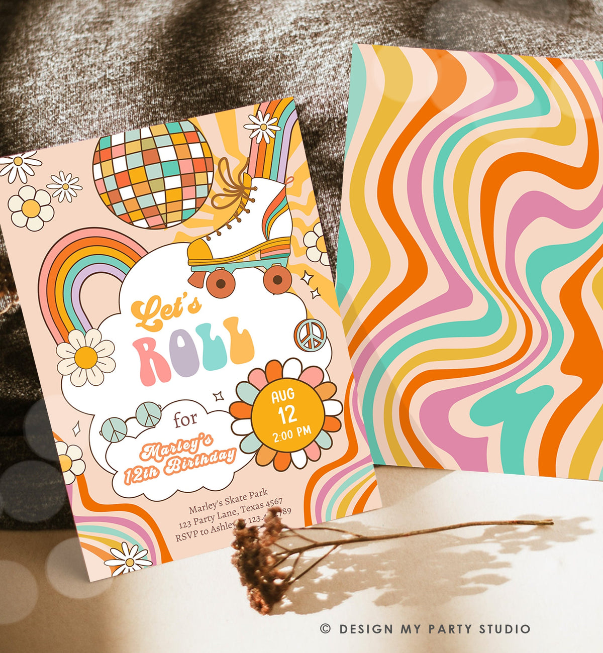 Editable Retro Roller Skate Birthday Party Invitation Let&#39;s Roll Skating Kids Rainbow 70&#39;s Skate Invite Download Template Corjl Digital 0459