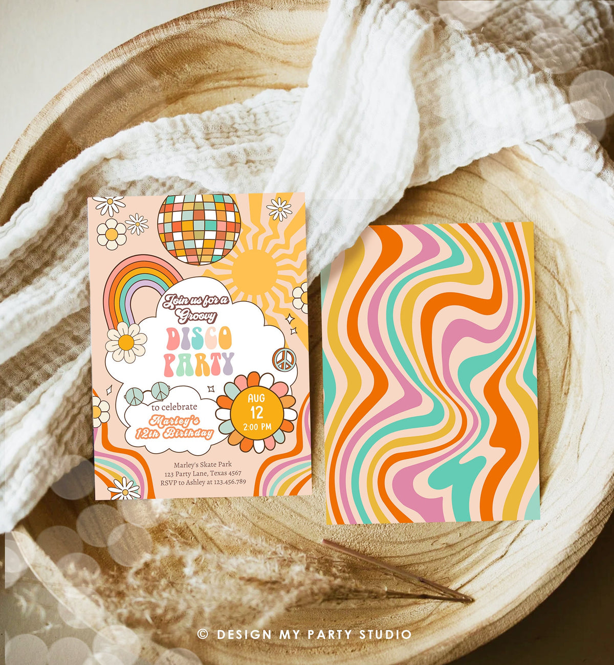 Editable Groovy Birthday Party Invitation Disco Party Birthday Hippie Boho Retro Flower Power 70&#39;s Girl Digital Template Printable 0459