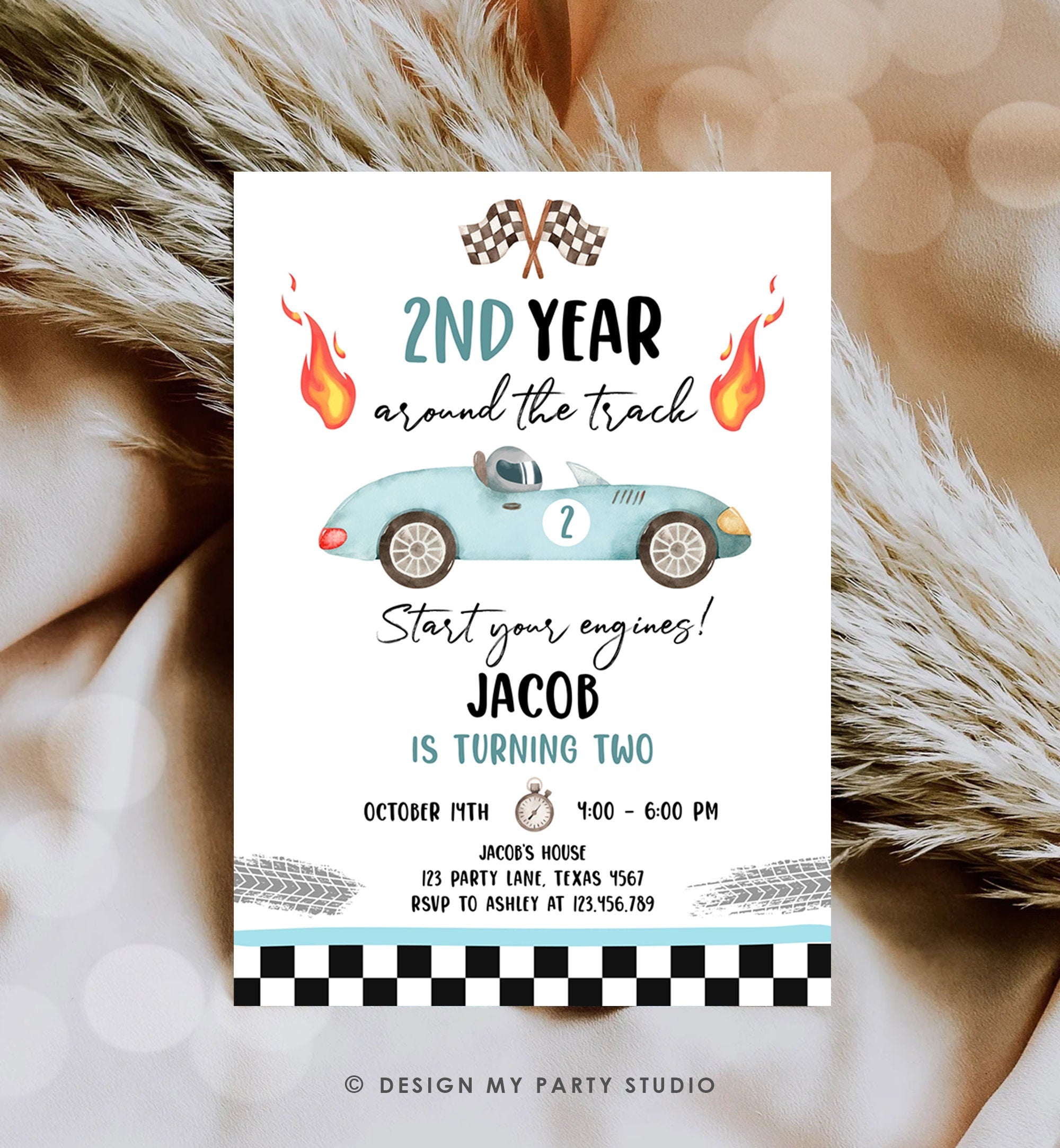 Editable 2nd Year Around the Track Birthday Invitation Boy Blue Two Fast Party Race Car Second Birthday Racing Evite Template Printable 0424